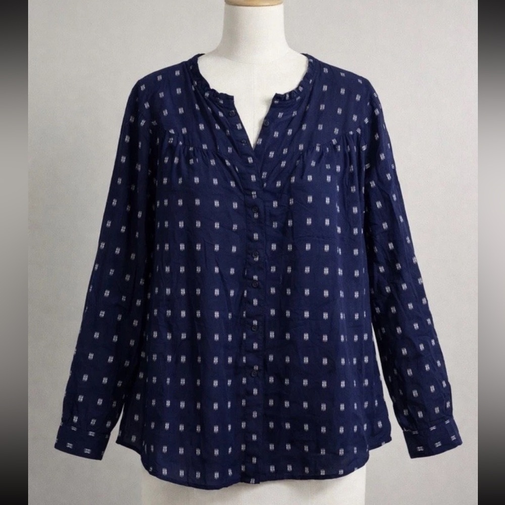 Lane Bryant Navy Printed Long-Sleeve Peasant Blouse